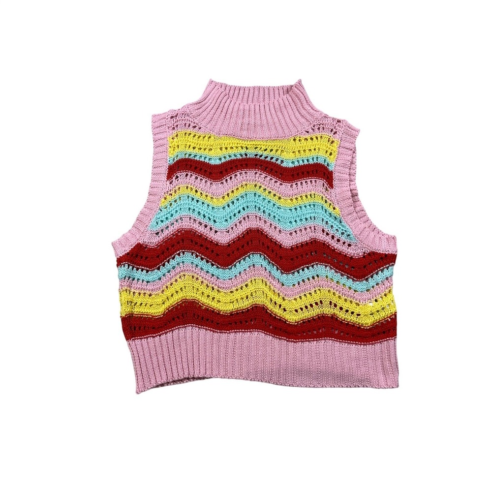 Pants Store Pink Multicolor Crochet Knit Sleeveless Sweater Vest Size Small
